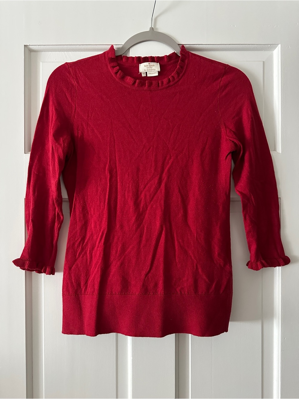 Kate Spade Cotton Cashmere Red 3/4 Sleeve Ruffle Neck Pullover Sweater Size XS